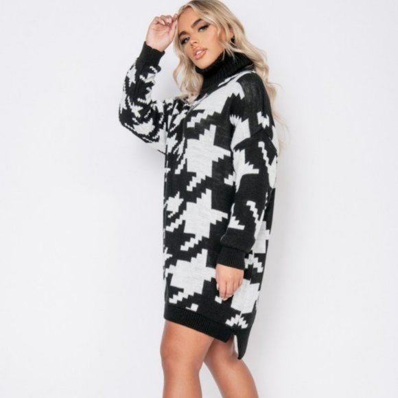 Black Knitted Houndstooth Long Sleeve Turtleneck Oversized Mini Sweater Dress - Picture 2 of 9